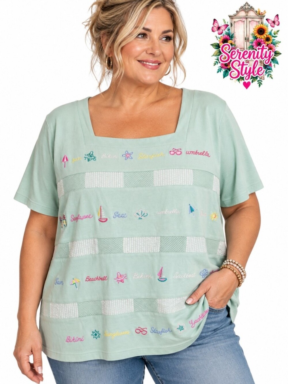 Koret Francesca Sea Clift Mint Green 2X Embroidered Beach Vacation Top Y2K